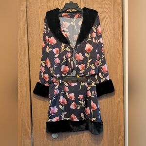 Asos Black Satin Floral Top & Skirt Set With Black Fur Trim